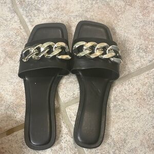 Black Leather Chain Slide Sandals